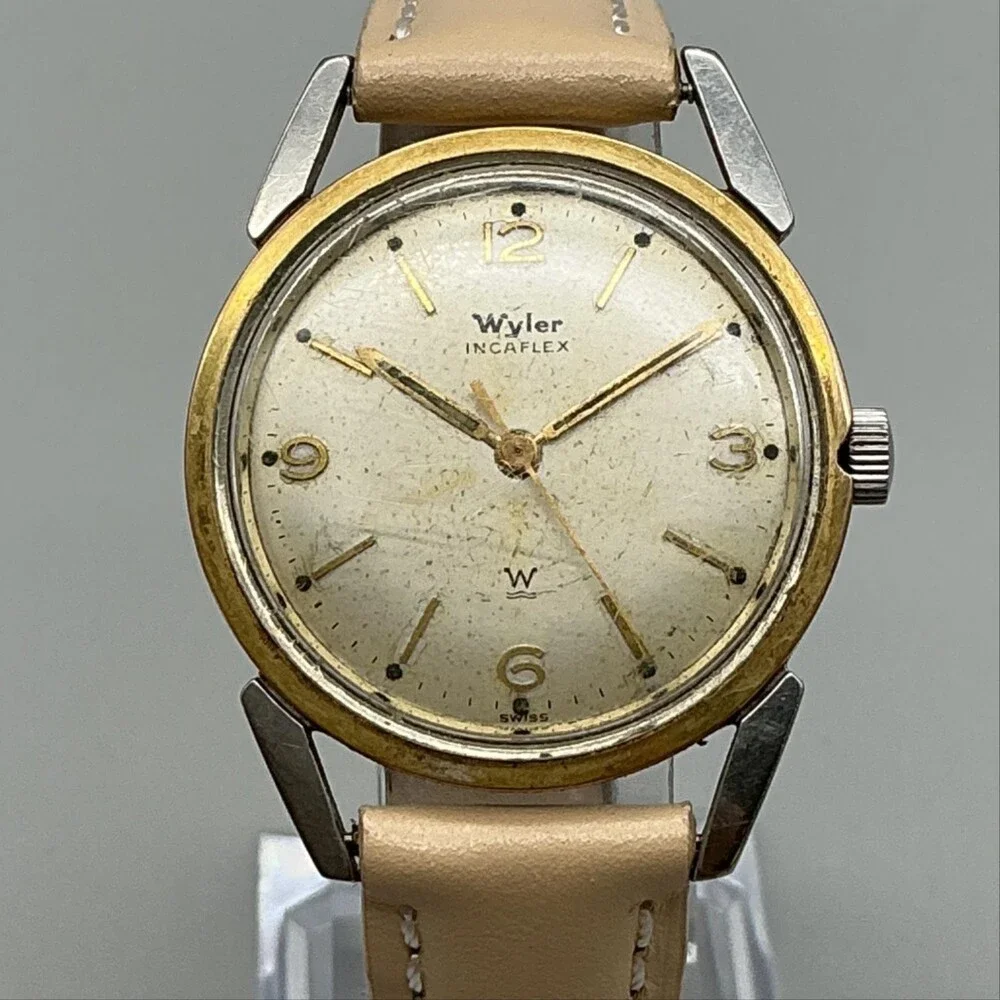 Vintage Wyler Incaflex Mens Watch 32mm Cream Dial Gold Tone Swiss Manual Wind